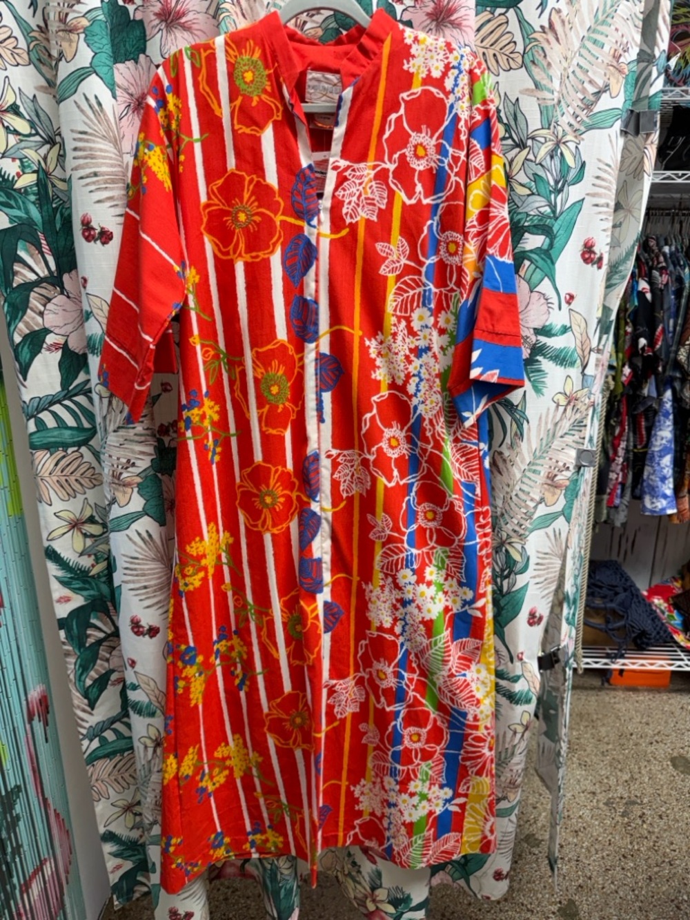 1960s Vintage Loungees Vibrant Red Floral Stripe Kaftan Size M